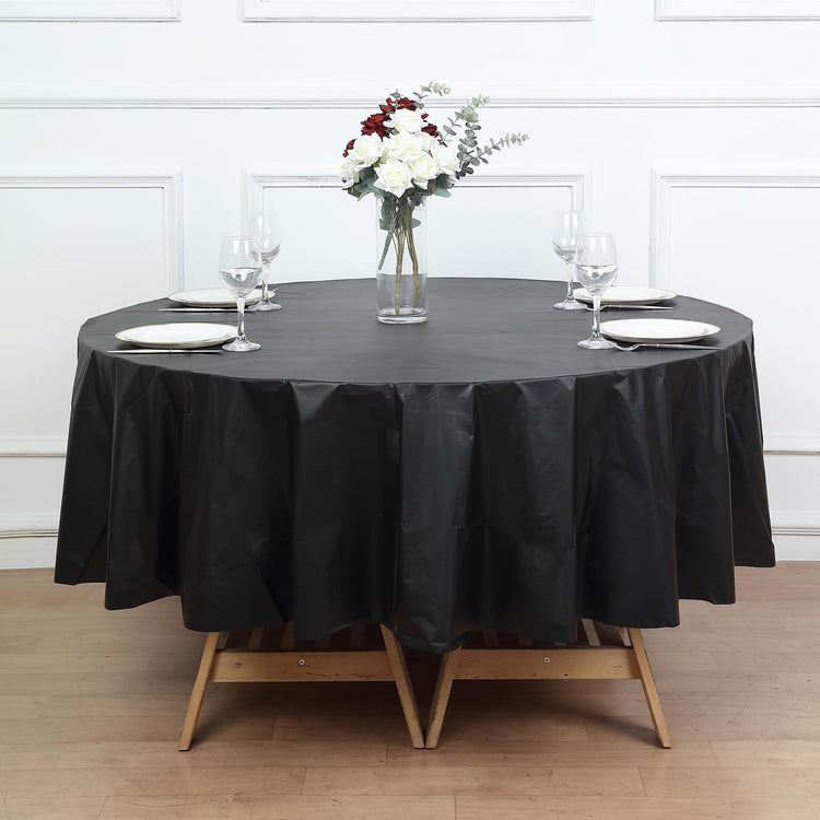 84inch Black Crushed Design Round Waterproof Plastic Tablecloth, Spill Proof Disposable Tablecloth