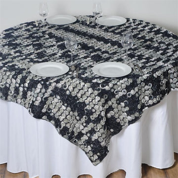 Elegant Black 3D Mini Rosette Satin Square Table Overlay 72"x72"