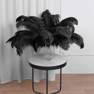 Black feather arrangement in a glass vase on a modern table
