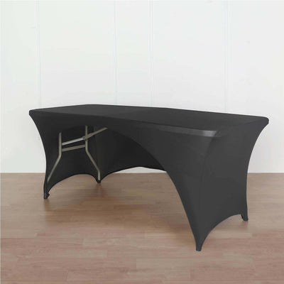 Black fitted table cover for events and parties.