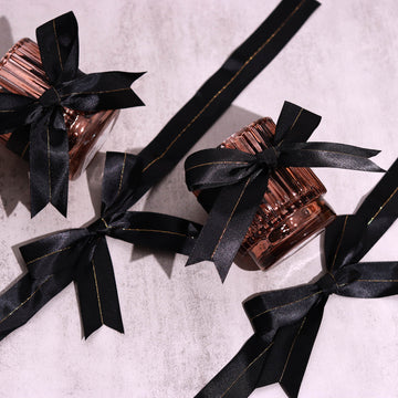 50 Pcs | 10" Black Pre Tied Ribbon Bows, Satin Ribbon With Gold Foil Lining For Gift Basket and Party Favors Decor