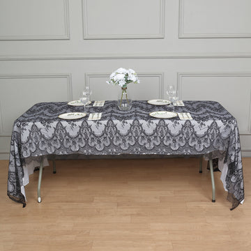60"x120" Black Premium Lace Seamless Rectangle Tablecloth, Vintage Lace Table Cover With Scalloped Frill Edges