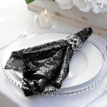 20”x20” Black Premium Sequin Cloth Dinner Napkin | Reusable Linen