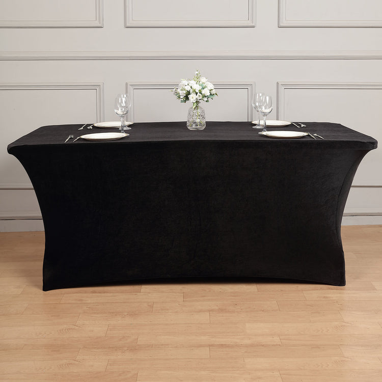 6 Feet Black Premium Spandex Velvet Cocktail Tablecloth with Foot Pockets