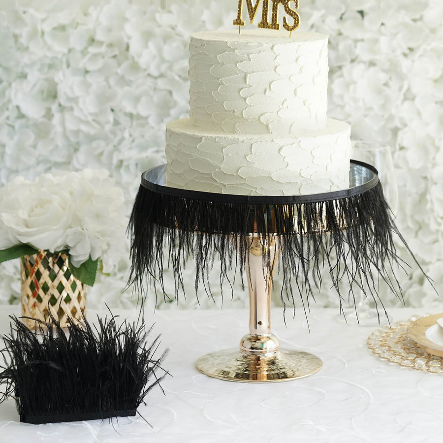 39 Inch Black Real Ostrich Feather Fringe Trim with Satin Ribbon Tape