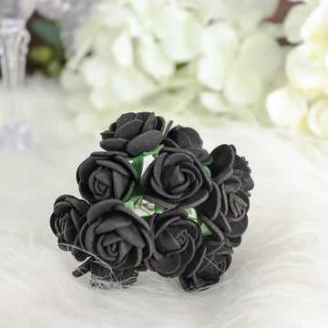 48 Roses Black Real Touch Artificial DIY Foam Rose Flowers With Stem, Craft Rose Buds 1"