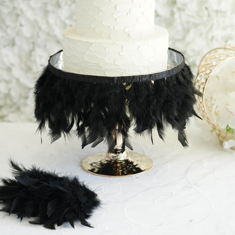 39 Inch Black Real Turkey Feather Fringe Trim with Satin Ribbon Tape
