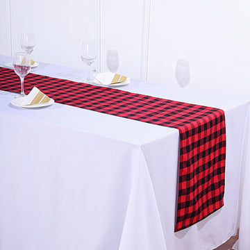 14"x108" Black / Red Buffalo Plaid Table Runner, Gingham Polyester Checkered Table Runner