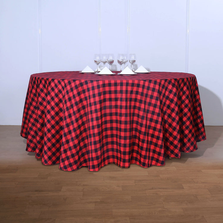 120 Inch Round Black & Red Checkered Gingham Polyester Buffalo Plaid Tablecloth
