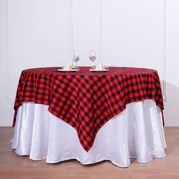 Black/Red Seamless Buffalo Plaid Square Table Overlay, Gingham Polyester Checkered Overlay 70"x70"