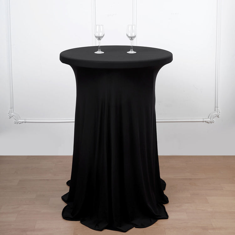 Black Round Table Cover In Heavy Duty Spandex With Natural Wavy Drapes