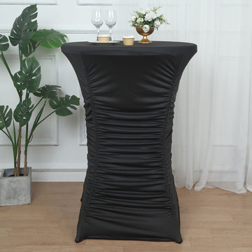 32" Black Ruched Pleated Heavy Duty Spandex Cocktail Table Cover - Closeout Sale