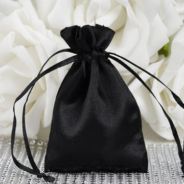 12 Pack | 3" Black Satin Drawstring Pouch Wedding Party Favor Gift Bag
