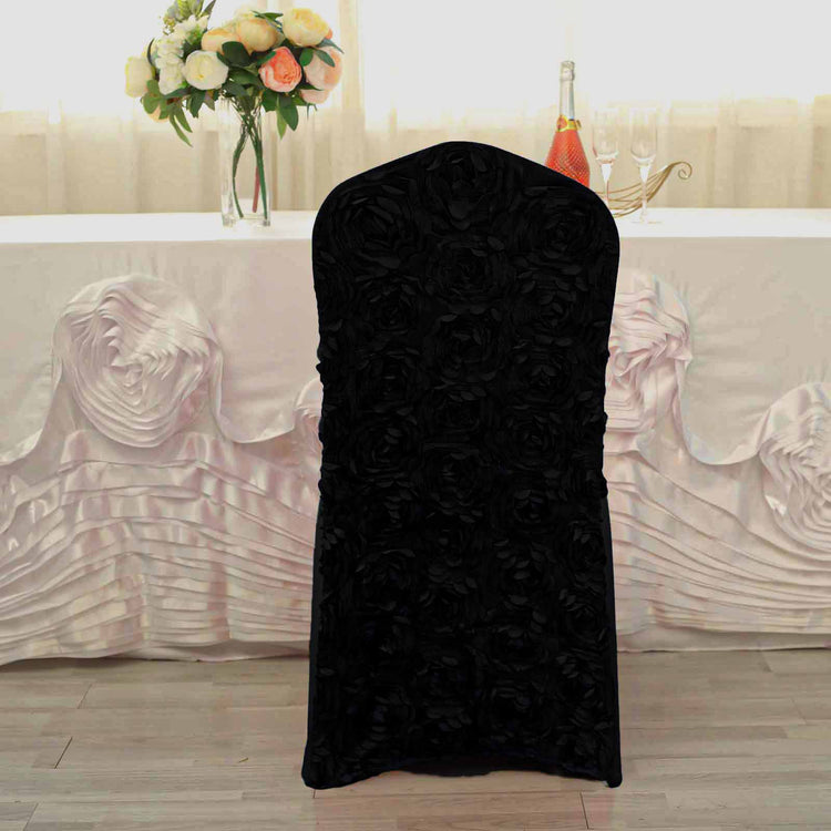 Black Satin Rosette Banquet Chair Cover Stretch Spandex#whtbkgd
