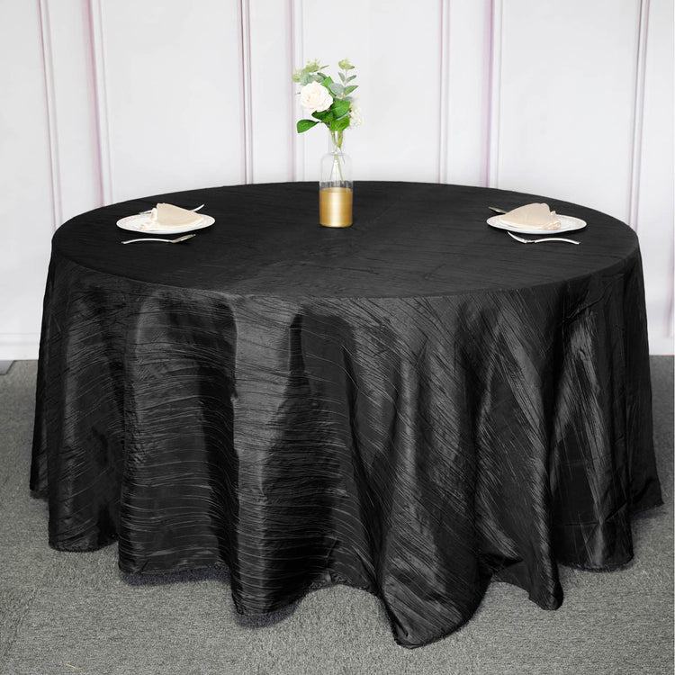 120 Inch Black Accordion Crinkle Taffeta Fabric Round Tablecloth