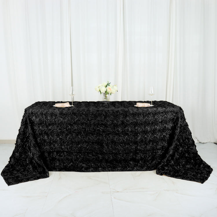 90x132inch Black Grandiose 3D Rosette Satin Rectangle Tablecloth