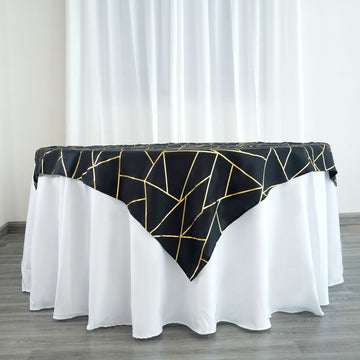 Black Seamless Polyester Square Overlay With Gold Foil Geometric Pattern 54"x54"