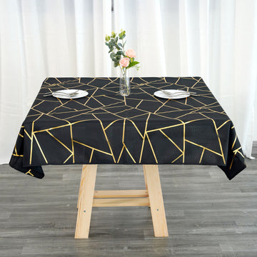 Black Seamless Polyester Square Tablecloth With Gold Foil Geometric Pattern 54"x54"