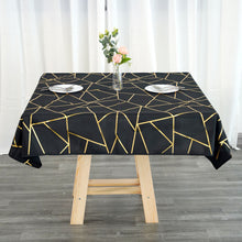 Square Black Polyester Tablecloth With Gold Foil Geometric Pattern 54 Inch x 54 Inch 