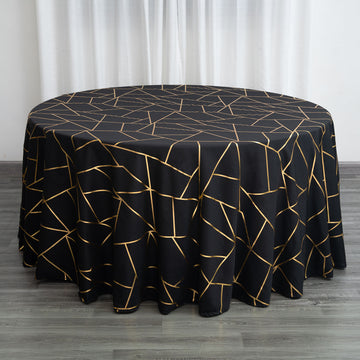 120" Black Seamless Round Polyester Tablecloth With Gold Foil Geometric Pattern