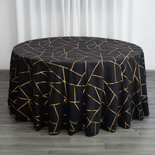 120 Inch Round Black Polyester Tablecloth With Gold Foil Geometric Pattern