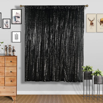 2 Pack Black Sequin Curtains With Rod Pocket Window Treatment Panels 52"x84"
