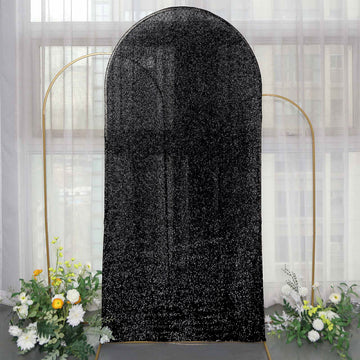 Black Shimmer Tinsel Spandex Wedding Arch Cover For Fitted Round Top Chiara Backdrop Stand 7ft