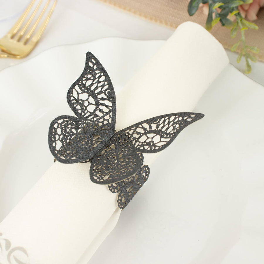 Black Paper Napkin Rings 12 Pack 3D Butterfly With Lace Pattern