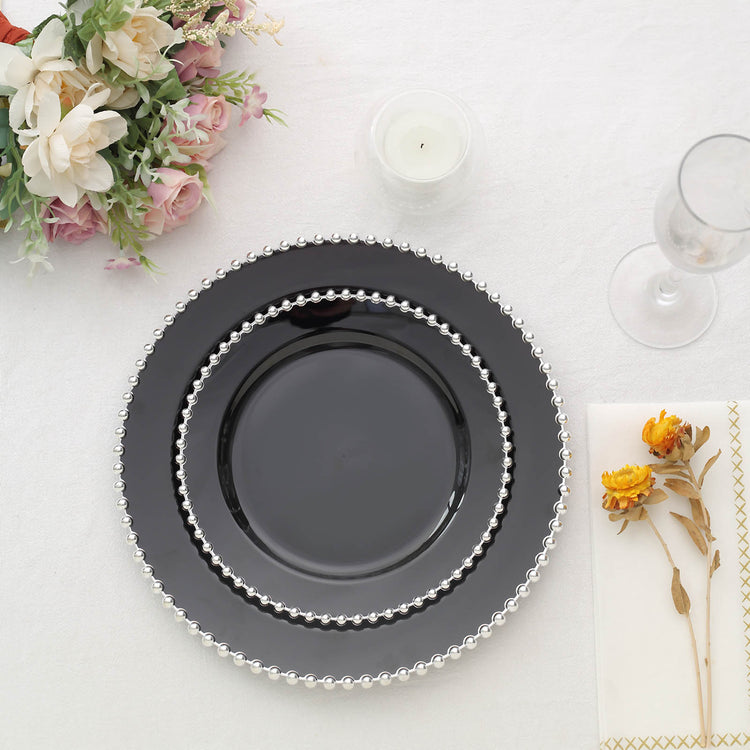10 Pack | 8inch Black / Silver Beaded Rim Plastic Dessert Appetizer Plates, Disposable Salad Plates