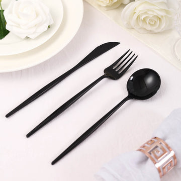 24 Pack | Black Sleek Modern Plastic Silverware Set, Premium Disposable Knife, Spoon & Fork Set - 8"