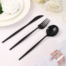 24 Pack Black Plastic 8 Inch Silverware Set With Knife Fork & Spoon Shiny Finish 