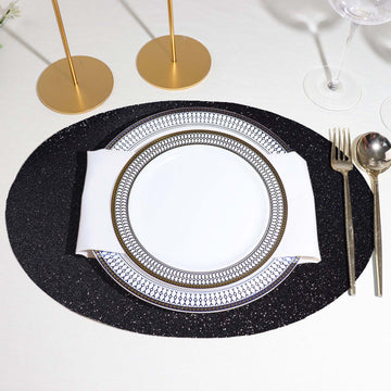 6 Pack | Black Sparkle Placemats, Non Slip Decorative Oval Glitter Table Mat
