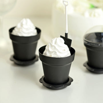 12 Pack | 4" Black Succulent Planter Pots Ice Cream Dessert Cups With Clear Lids, Trays and Shovels