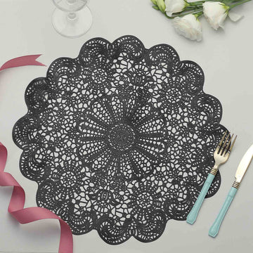 6 Pack | 15" Black Vintage Floral Lace Vinyl Placemats, Non-Slip Dining Table Mats