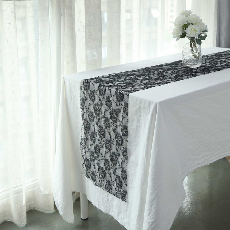 Black Rose Flower Lace Table Runner 12 Inch x 108 Inch
