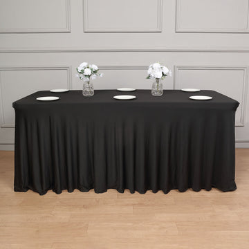 Black Wavy Spandex Fitted Rectangle 1-Piece Tablecloth Table Skirt, Stretchy Table Skirt Cover with Ruffles 6ft
