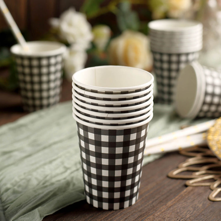 24 Pack Black White Checkered Gingham Birthday Picnic 9 Ounce Paper Cups