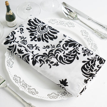 5 Pack | Black/White Damask Flocking Cloth Dinner Napkins, Reusable Linen | 20"x20''