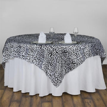 Black / White Leopard Print Taffeta Square Table Overlay 90"