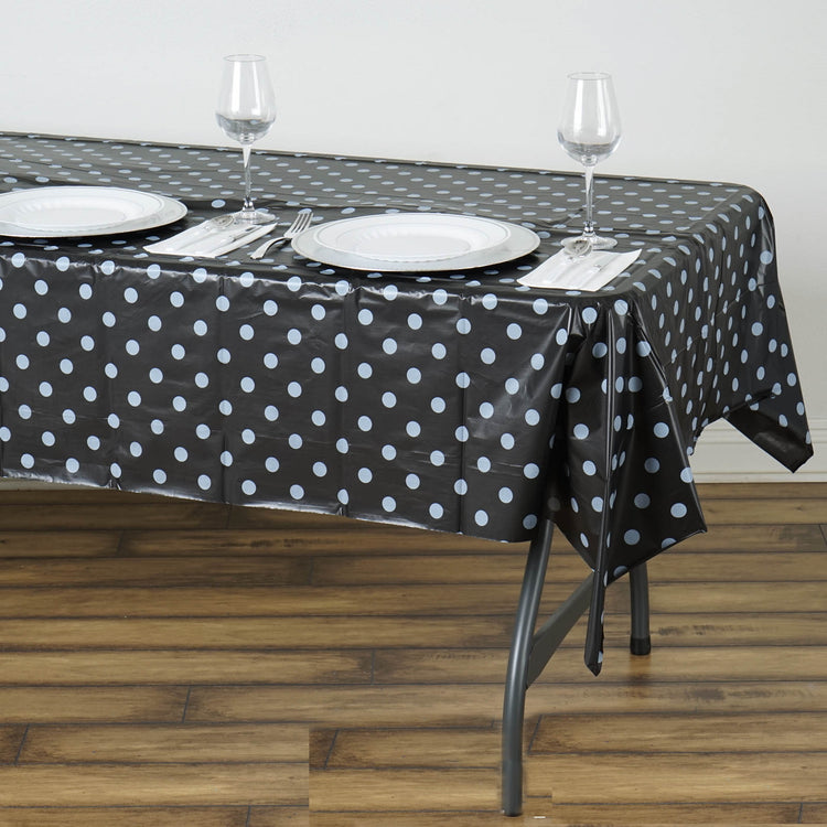 54 Inch x 108 Inch Rectangle White & Black Polka Dots Waterproof Tablecloth 10 Mil Thick PVC Disposable