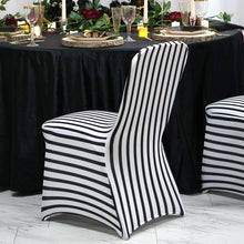 Striped Spandex Fitted Banquet Black & White Stretch Chair Cover With Foot Pockets