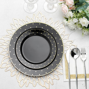 10 Pack | 7.5" Black With Gold Dot Rim Plastic Dessert Plates, Round Salad Disposable Tableware Plates