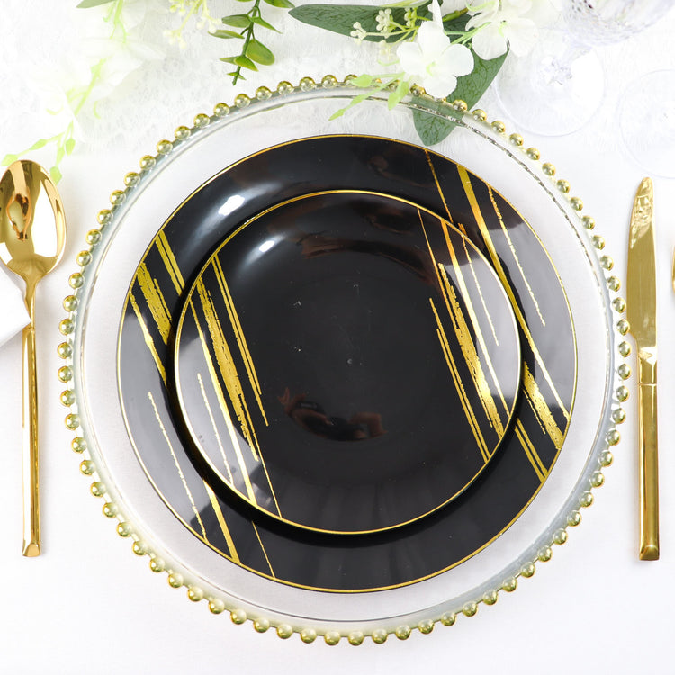 10 Pack Black & Gold Brush Stroked Round Disposable 7 Inch Plastic Party Plates