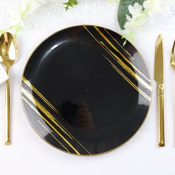 10 Pack Black and Gold Brush Stroked Round Plastic Dinner Plates, Disposable Party Plates Dinnerware 10"