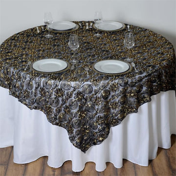 Black and Gold Satin Embroidered Tulle Square Table Overlay 72"x72"