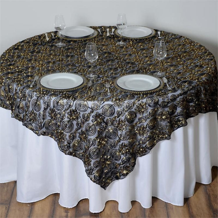 Black And Gold Satin Sequin Floral Embroidered Lace Table Overlay 72 Inch x 72 Inch