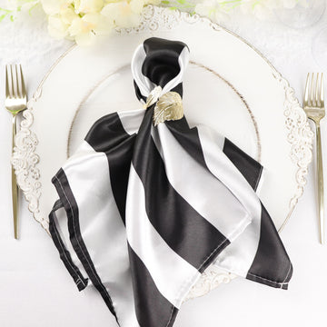 5 Pack Black and White Striped Satin Cloth Dinner Napkins 20"x20"