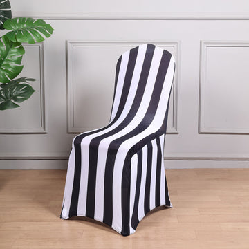 Black and White 2" Striped Spandex Stretch Fitted Banquet Chair Cover With Foot Pockets - 160 GSM