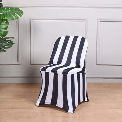 Striped black and white chair cover for events and parties.