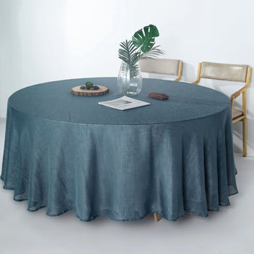 Blue Seamless Linen Round Tablecloth, Slubby Textured Wrinkle Resistant Tablecloth 108"